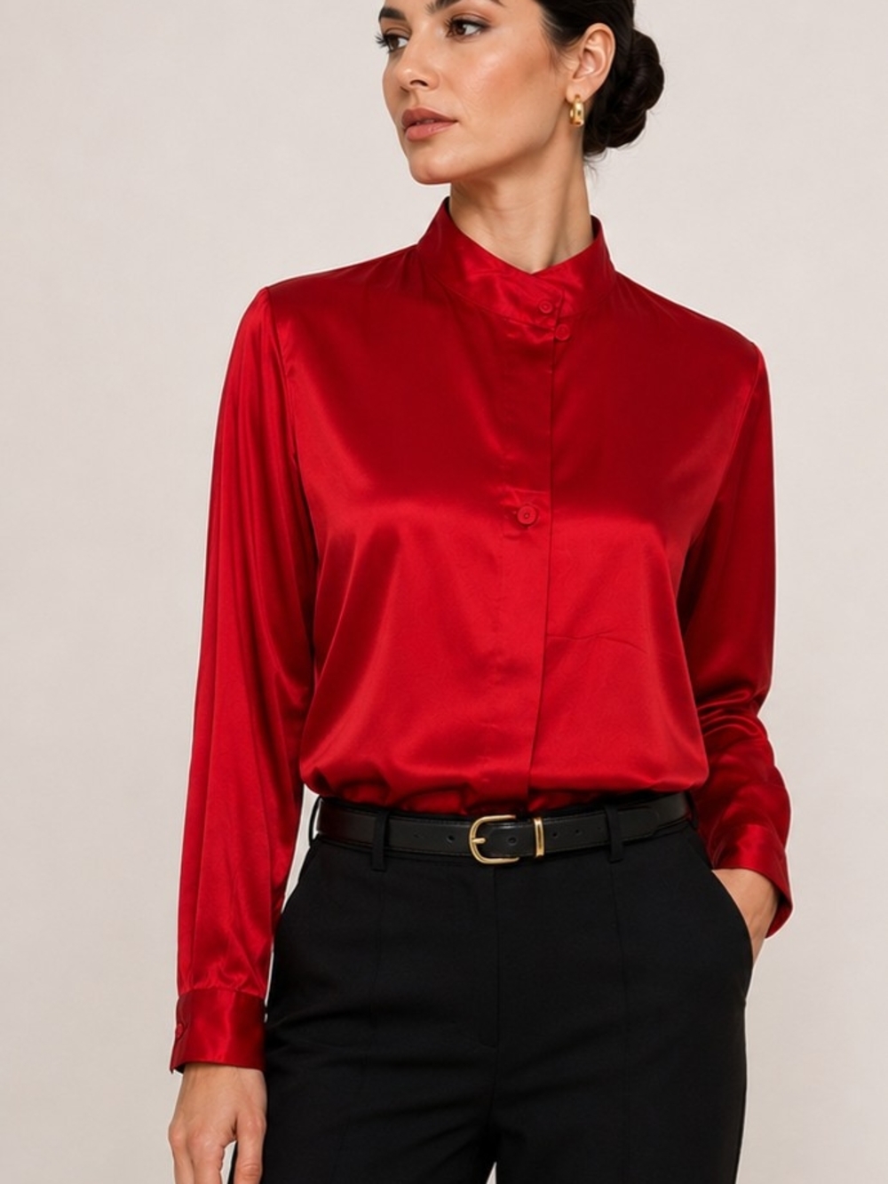 Vintage 90s Worth 100% Silk Mock Neck Blouse – Red – Size 8